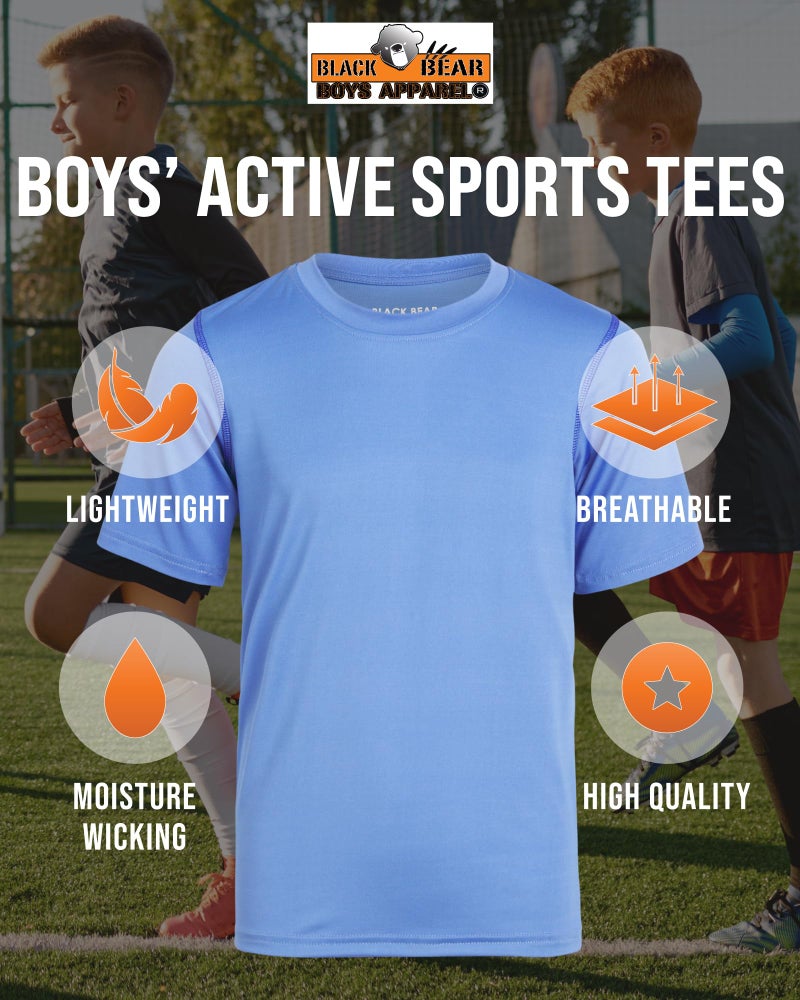 Black Bear Boys Active Shirt - 4 Pack Athletic Performance Dry Fit Youth Shirt for Boys - Short Sleeve Kids Tshirts, Size 12-14, Light Blue/Navy/Black/Red - Image 2